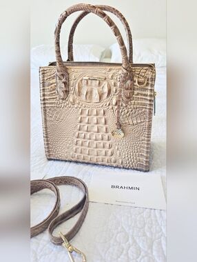 Brahmin Beige Taupe Croc-Embossed Leather Satchel with Gold Hardware